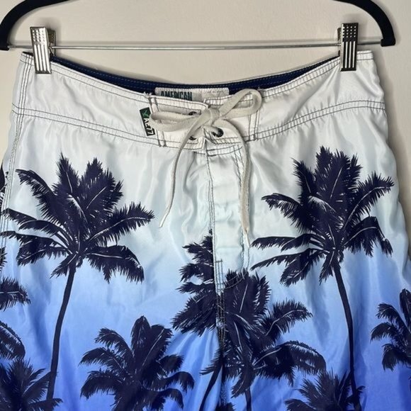 American Eagle Blue White Palm Tree Beach Print Ombre Swim Board Shorts Size 32 - Picture 2 of 11